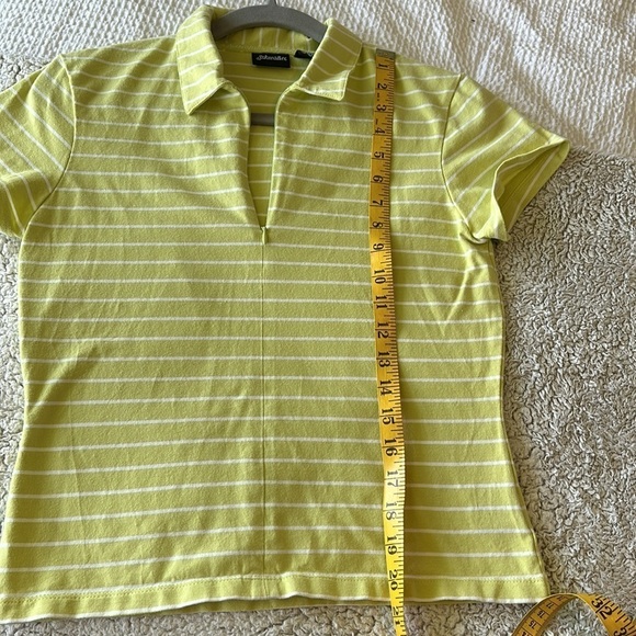 St. John's Bay Women's S Zip Neck Polo Tee Shirt Lime Green White Stripe Preppy - Picture 14 of 15